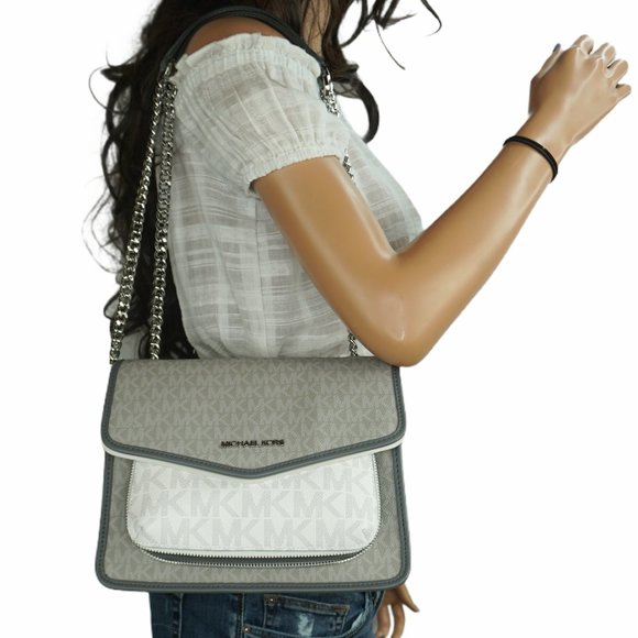 Michael Kors Regina Medium Flap Shoulder Crossbody Bag MK Pearl Grey Multi